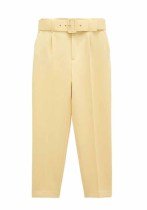 Women Spring LT-Yellow Straight Solid Belted Ankle-Length suit Pants