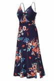 Women Summer Printed Sweet V-neck Sleeveless Floral Print Hollow Out Holiday Dress