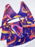 Women Printed Long Sleeve V-Neck Tie Dye Crop Top 3 Piece Set Swimwear