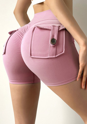 Women Summer Pink High Waist Pockets Yoga Shorts