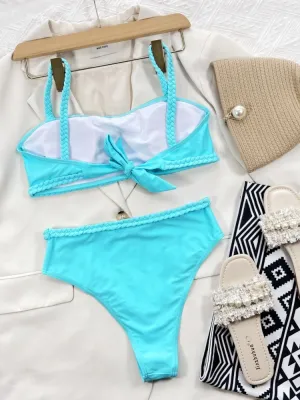 Women Blue Bikini Bandeau Solid Two Piece Swimwear