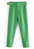 Women Spring Green Straight Solid Belted Ankle-Length suit Pants