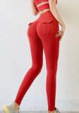 Women Spring Red High Waist Pockets Yoga Pants