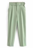 Women Spring LT-Green Straight Solid Belted Ankle-Length suit Pants