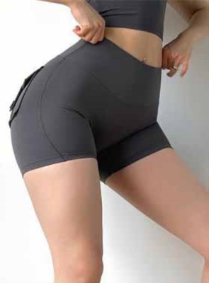 Women Summer Grey High Waist Pockets Yoga Shorts