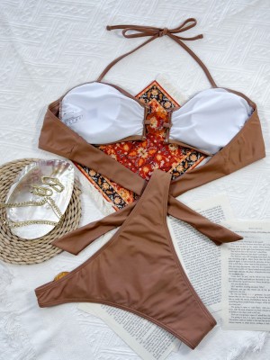 Women Brown Bikini Halter Solid Hoop Two Piece Swimwear