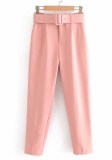 Women Spring Pink Straight Solid Belted Ankle-Length suit Pants