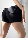 Women Spring Black High Waist Pockets Yoga Shorts