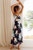 Women Summer Printed Romantic V-neck Sleeveless Floral Print Hollow Out Holiday Dress