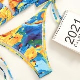 Women Printed Long Sleeve Round Neck Tie Dye Crop Top 3 Piece Set Swimwear