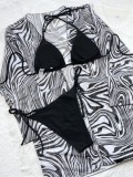 Women Black Bikini Leopard Print Robe 3 Piece Set Swimwear