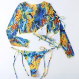 Women Printed Long Sleeve Round Neck Tie Dye Crop Top 3 Piece Set Swimwear