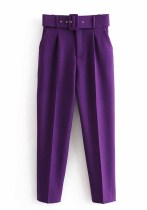 Women Spring Purple Straight Solid Belted Ankle-Length suit Pants