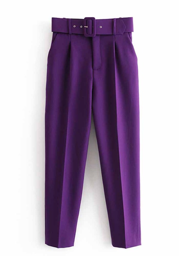 Women Spring Purple Straight Solid Belted Ankle-Length suit Pants