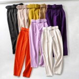 Women Spring Pink Straight Solid Belted Ankle-Length suit Pants