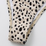 Women Printed Long Sleeve Round Neck Leopard Print Crop Top 3 Piece Set Swimwear