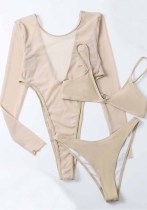 Women Khaki Long Sleeve Round Neck Lace Bodysuit 3 Piece Set Swimwear