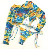 Women Printed Long Sleeve Round Neck Tie Dye Crop Top 3 Piece Set Swimwear