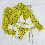 Women Printed Long Sleeve Round Neck Leopard Print Crop Top 3 Piece Set Swimwear