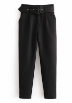 Women Spring Black Straight Solid Belted Ankle-Length suit Pants