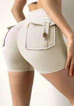 Women Summer White High Waist Pockets Yoga Shorts