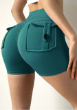 Women Summer Ice Blue High Waist Pockets Yoga Shorts