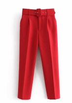 Women Spring Red Straight Solid Belted Ankle-Length suit Pants