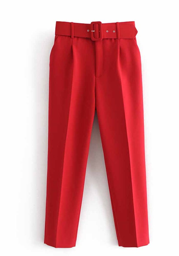 Women Spring Red Straight Solid Belted Ankle-Length suit Pants