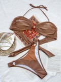 Women Brown Bikini Halter Solid Hoop Two Piece Swimwear
