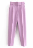 Women Spring Purple Lt-Purple Solid Belted Ankle-Length suit Pants