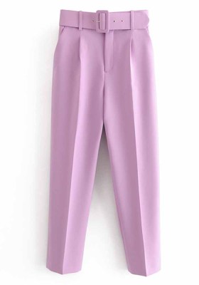 Women Spring Purple Lt-Purple Solid Belted Ankle-Length suit Pants