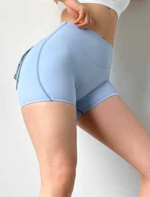 Women Summer Blue High Waist Pockets Yoga Shorts