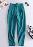 Women Spring Ice Blue Straight Solid Belted Ankle-Length suit Pants