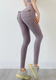 Women Spring Lt-Purple High Waist Solid Pockets Yoga Pants