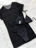 Women Black Bikini Short Sleeves 3 Piece Set Swimwear