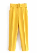 Women Spring Yellow Straight Solid Belted Ankle-Length suit Pants