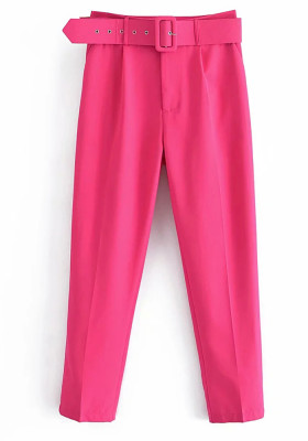 Women Spring Rose Straight Solid Belted Ankle-Length suit Pants