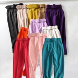 Women Spring Rose Straight Solid Belted Ankle-Length suit Pants