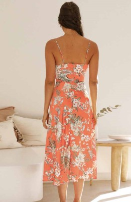 Women Summer Printed Romantic V-neck Sleeveless Floral Print Hollow Out Holiday Dress