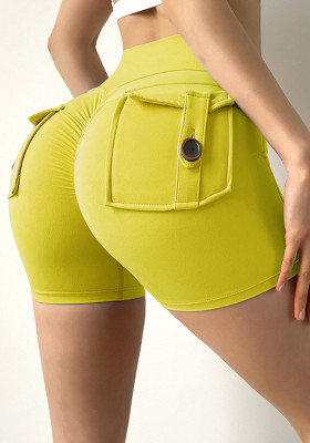 Women Summer Yellow High Waist Pockets Yoga Shorts