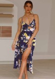 Women Summer Printed Sweet V-neck Sleeveless Floral Print Hollow Out Holiday Dress