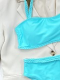 Women Blue Bikini Bandeau Solid Two Piece Swimwear