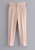 Women Spring Nude Straight Solid Belted Ankle-Length suit Pants
