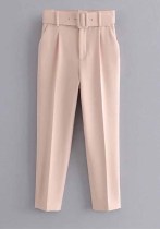 Women Spring Nude Straight Solid Belted Ankle-Length suit Pants