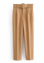 Women Spring Khaki Straight Solid Belted Ankle-Length suit Pants