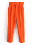 Women Spring Orange Straight Solid Belted Ankle-Length suit Pants