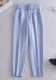 Women Spring LT- Blue Straight Solid Belted Ankle-Length suit Pants