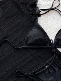 Women Black Bikini Short Sleeves 3 Piece Set Swimwear