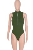 Women Summer Green Sexy O-Neck Sleeveless Solid Zippers Bodysuit