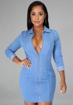 Women Spring Dark Blue Casual Turn-down Collar Full Sleeves Solid Denim Zippers Mini Bodycon Dress